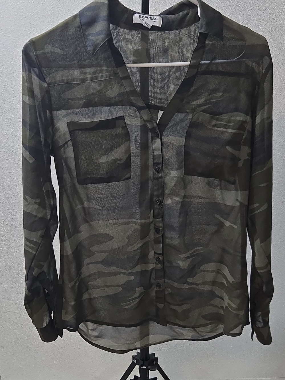 Express Sheer Camo Button-Up Blouse - Olive/Black